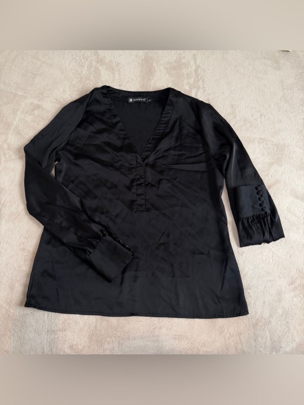 Allegra K Black V-Neck Long Sleeve Blouse with Button Cuffs
